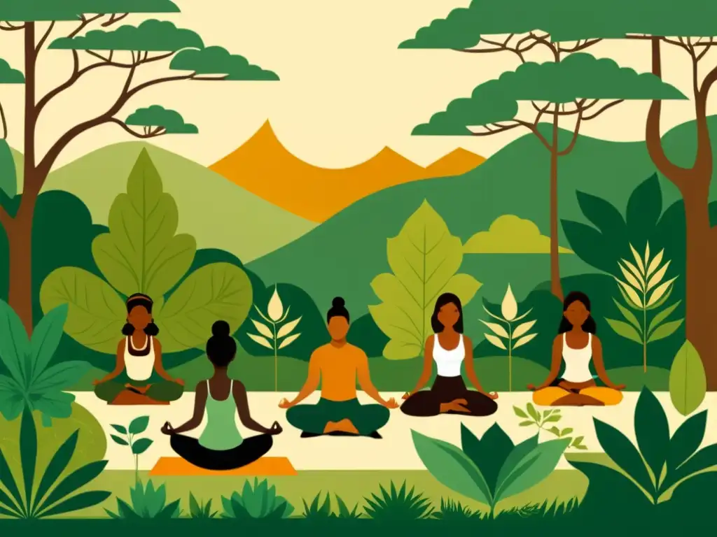 Grupo practicando yoga, medicina herbal y meditación en entorno natural, evocando prácticas ancestrales en el coaching de salud