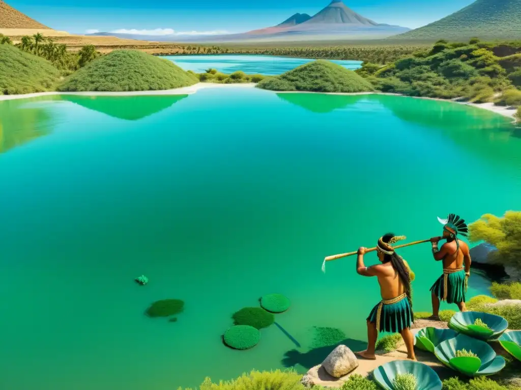 Guerreros Aztecas cosechando espirulina en un lago azul verdoso, con detalles intrincados y paisaje montañoso