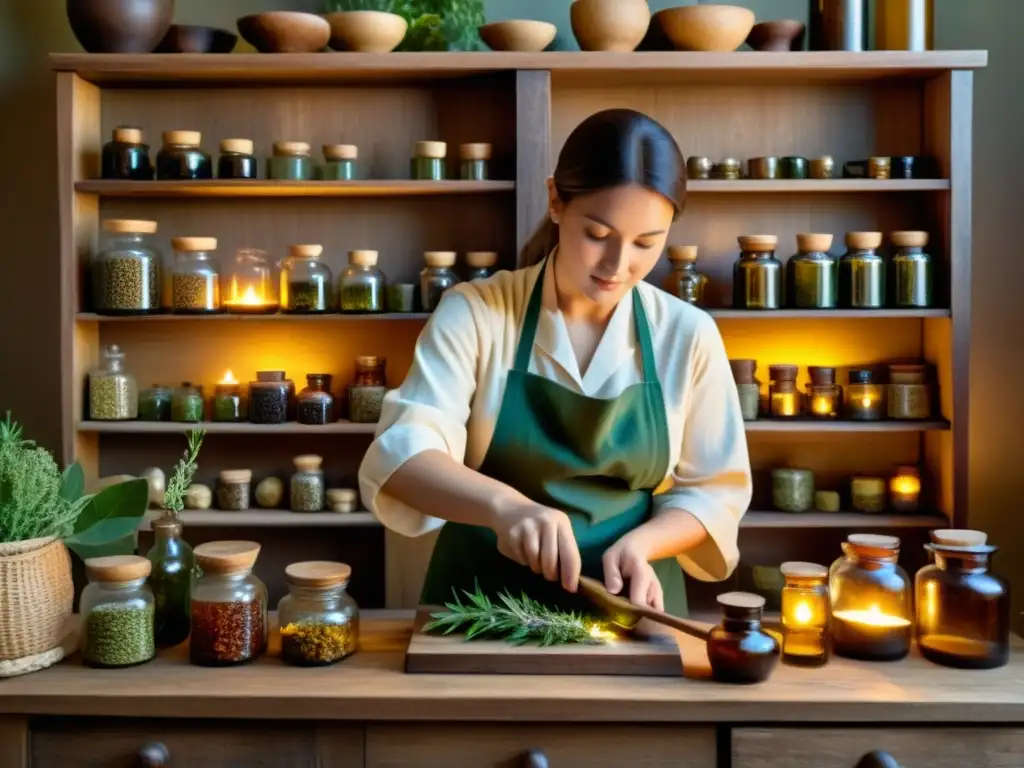 Un hábil practicante de medicina tradicional prepara una infusión en una rústica botica