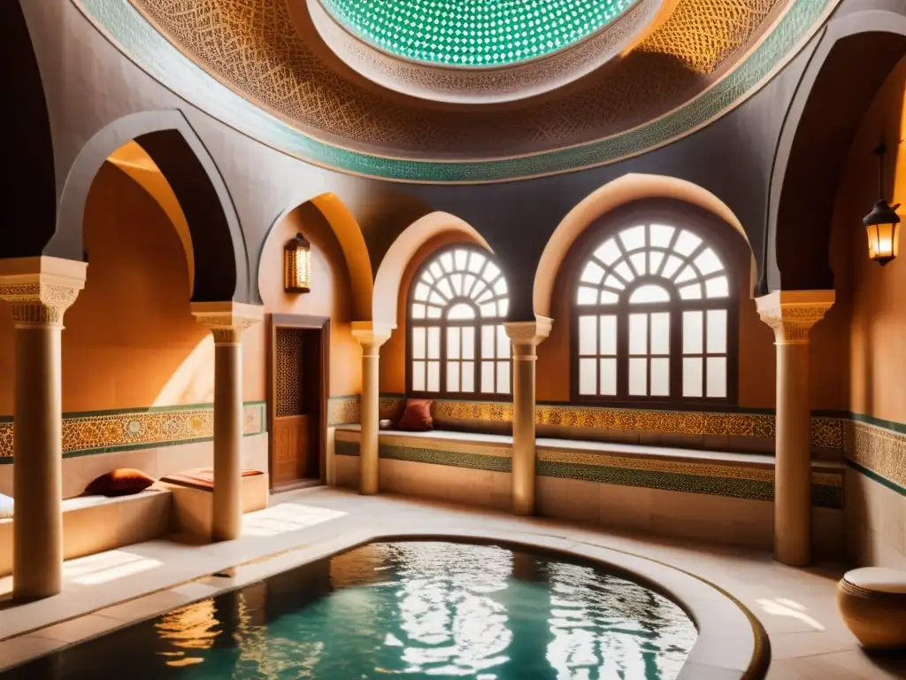 Un hammam histórico con azulejos ornamentados y arcos, bañistas turcos disfrutan de la experiencia rejuvenecedora en un ambiente cálido y acogedor