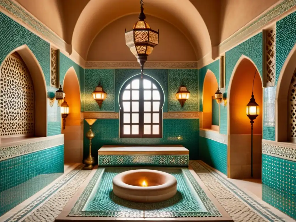 Renacer hammam tradición modernidad baños turcos: Interior vintage de un baño hammam con azulejos ornamentados, patrones geométricos, arcos y luminarias