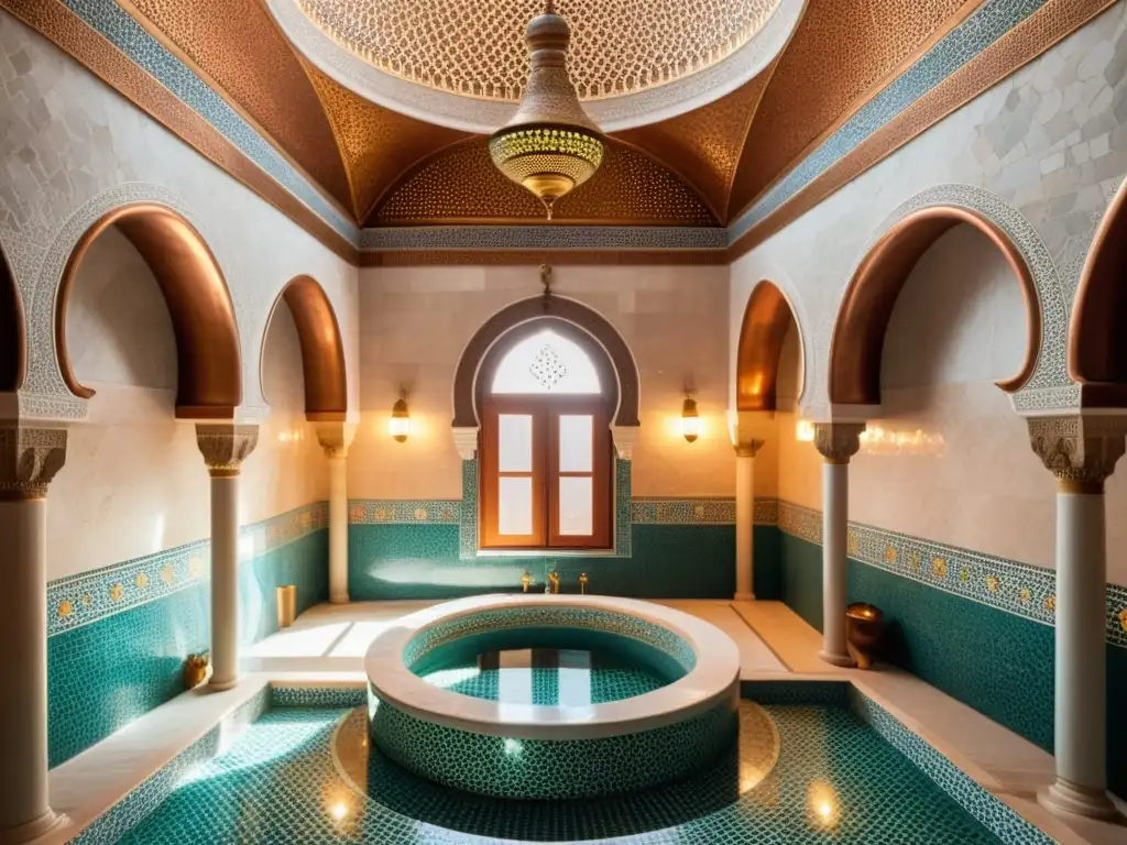 Un hammam turco tradicional con mosaicos intrincados y una atmósfera de tranquilidad atemporal