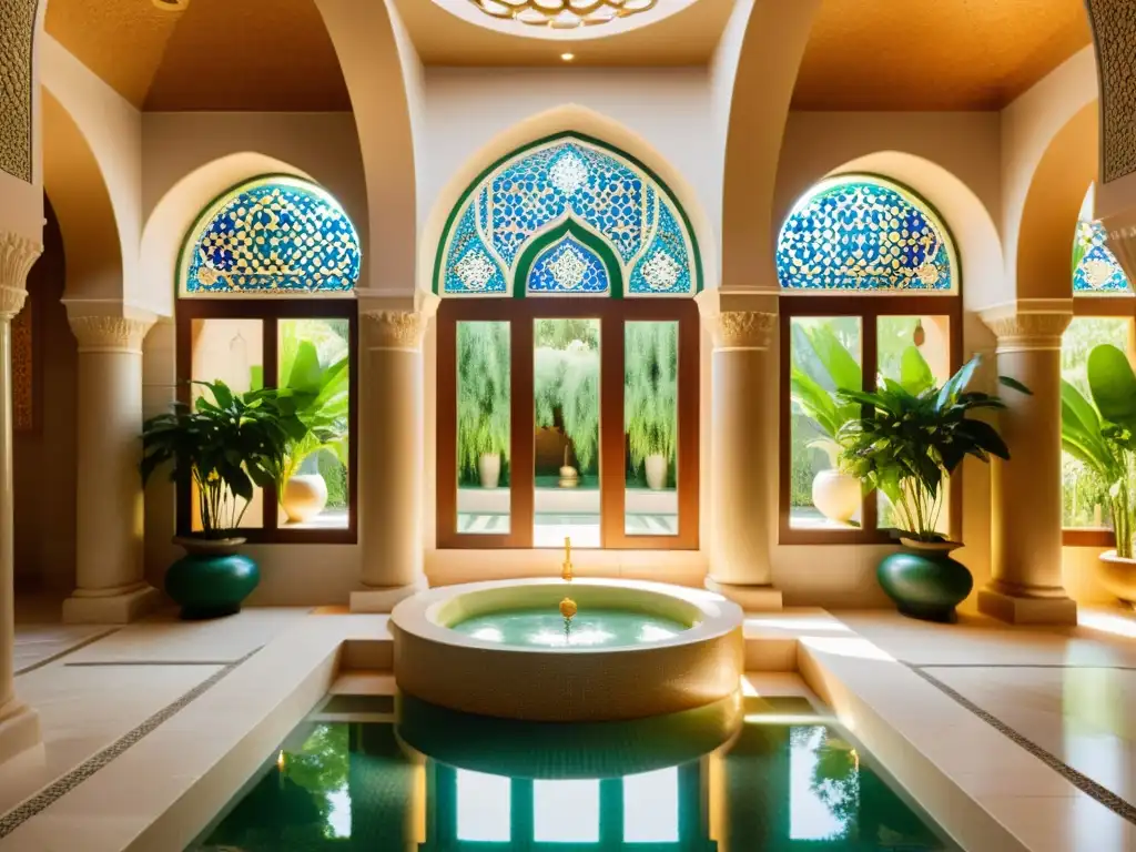 Un hammam vintage con azulejos ornamentados, fuente de mármol y vegetación exuberante