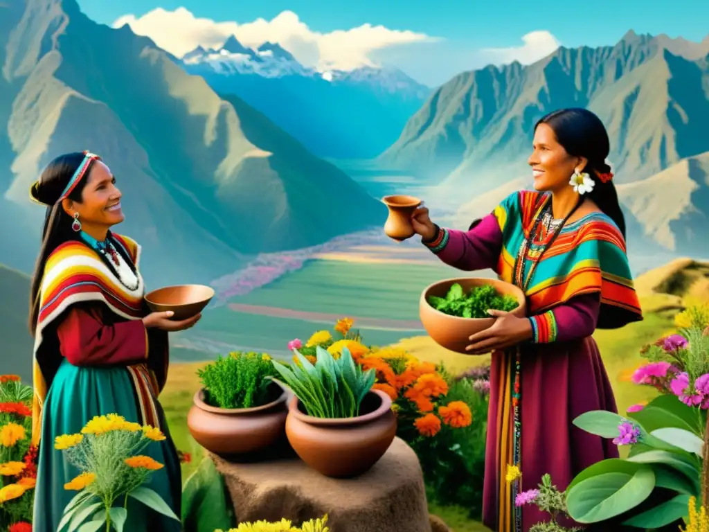 Curanderos incas recolectando plantas medicinales en los Andes Hechiceros incas practican fitoterapia en los Andes, rodeados de plantas y vestimenta tradicional, evocando la sabiduría ancestral