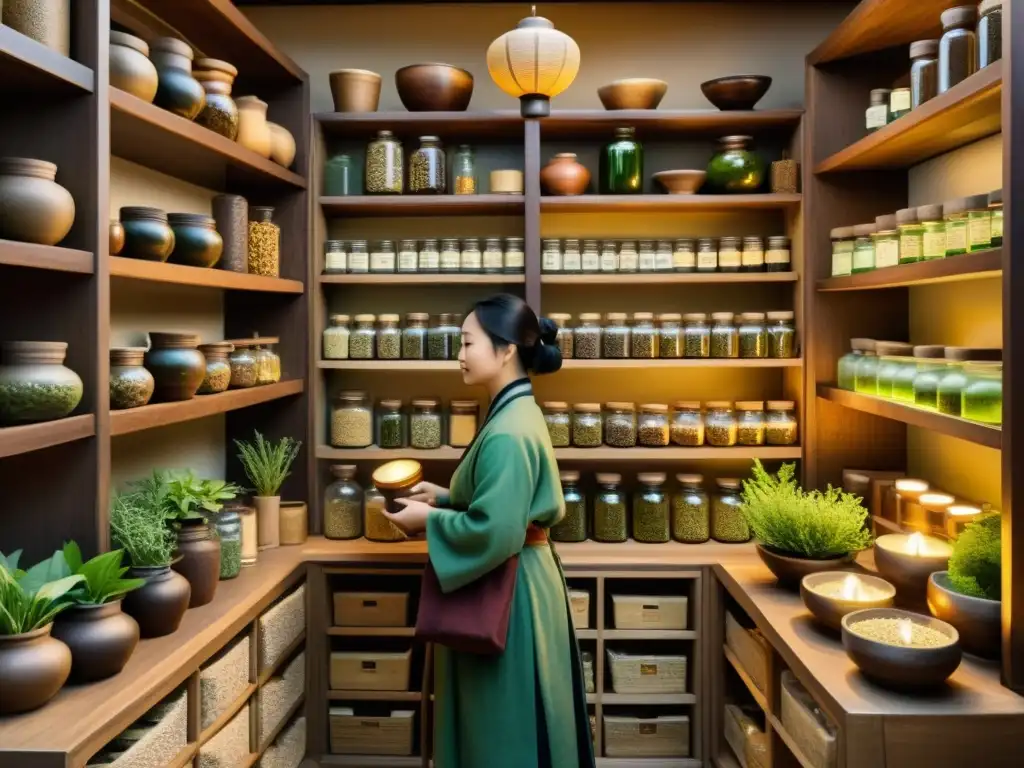 Herbolario chino: sabiduría ancestral y remedios potentes Un herbalista chino selecciona hierbas medicinales en una tienda vintage