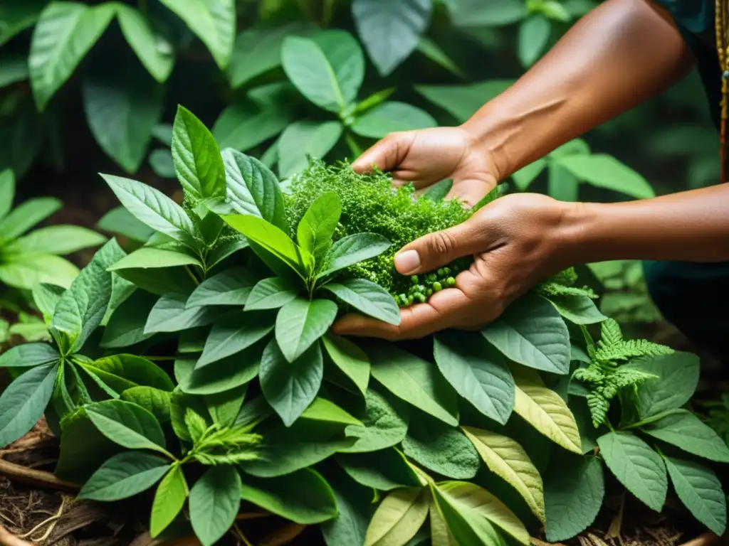 Herbalista maya cosechando hojas verdes para bioestimulantes naturales en la selva