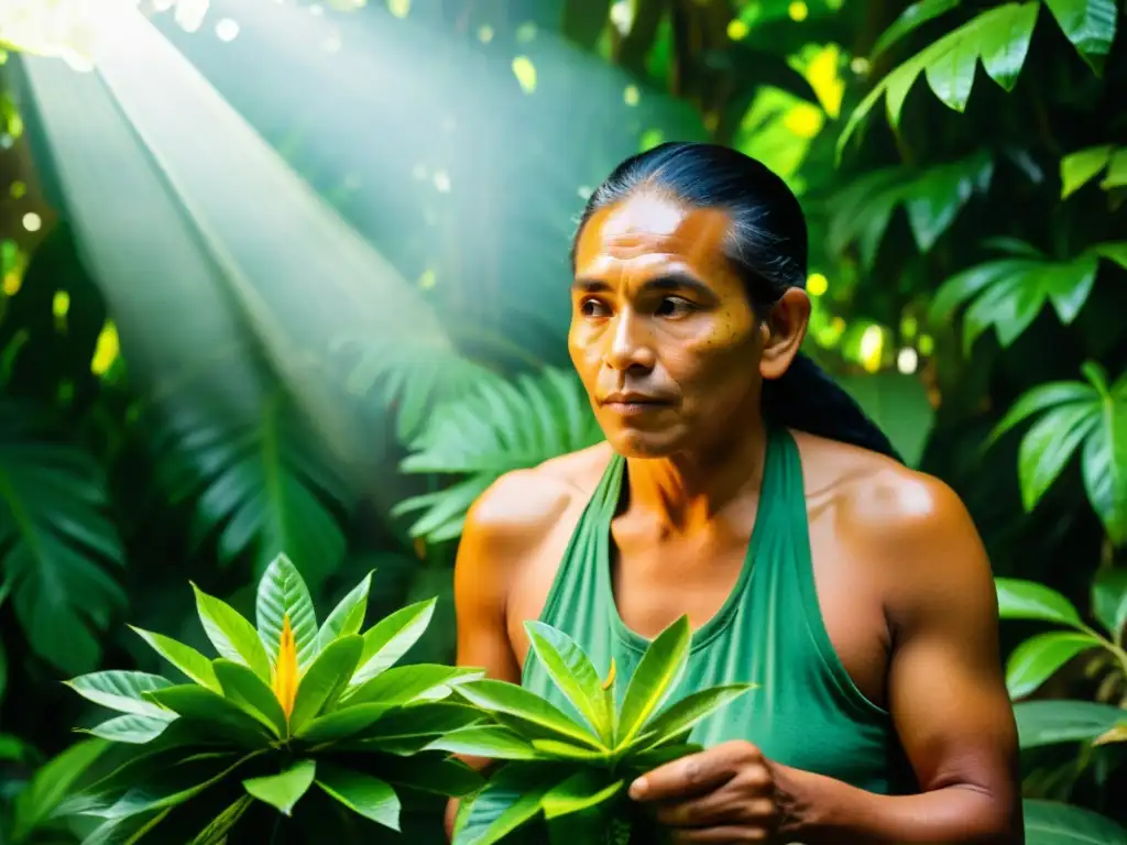 Herbalista maya seleccionando plantas exóticas en la selva, con luz dorada filtrándose entre el follaje