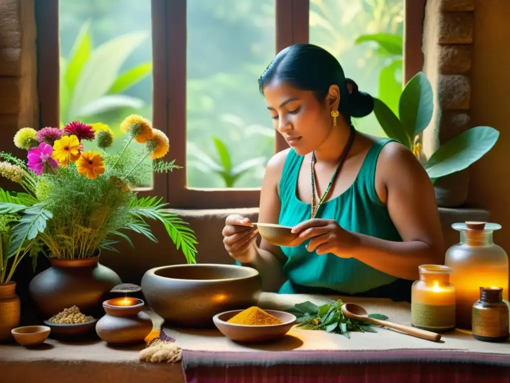 Herbalista maya preparando tratamientos antiguos con ingredientes prehispánicos para belleza moderna en un ambiente vibrante de sabiduría ancestral