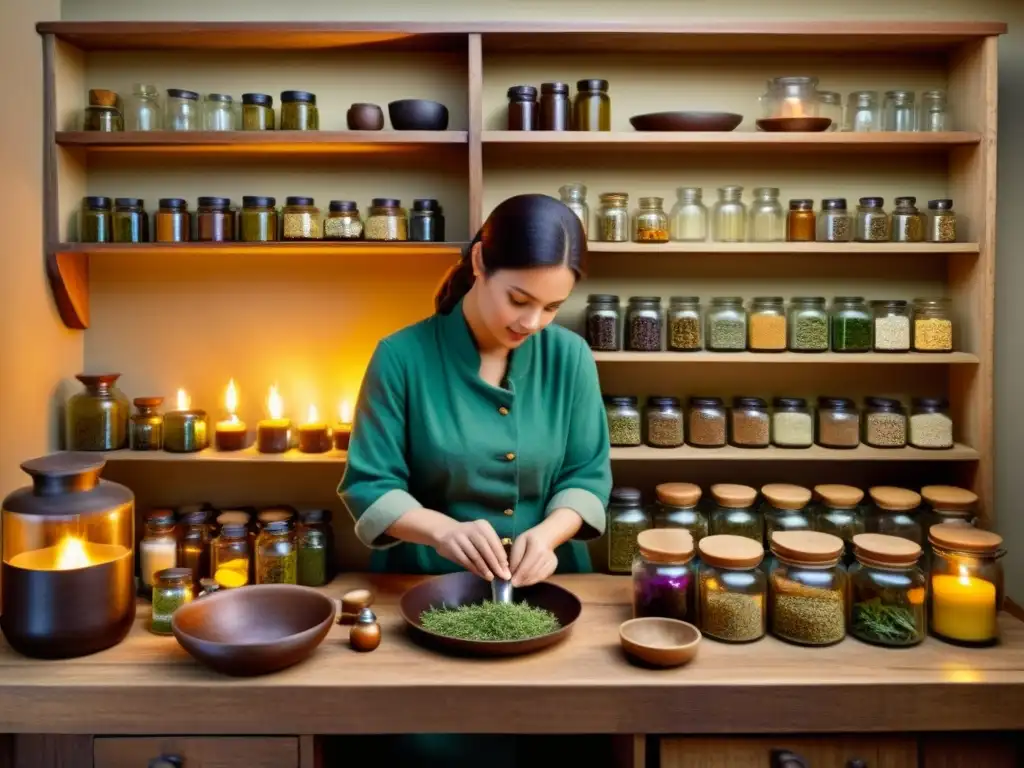 Un herbolario acogedor iluminado por velas, donde un curandero prepara remedios, evocando sabiduría ancestral