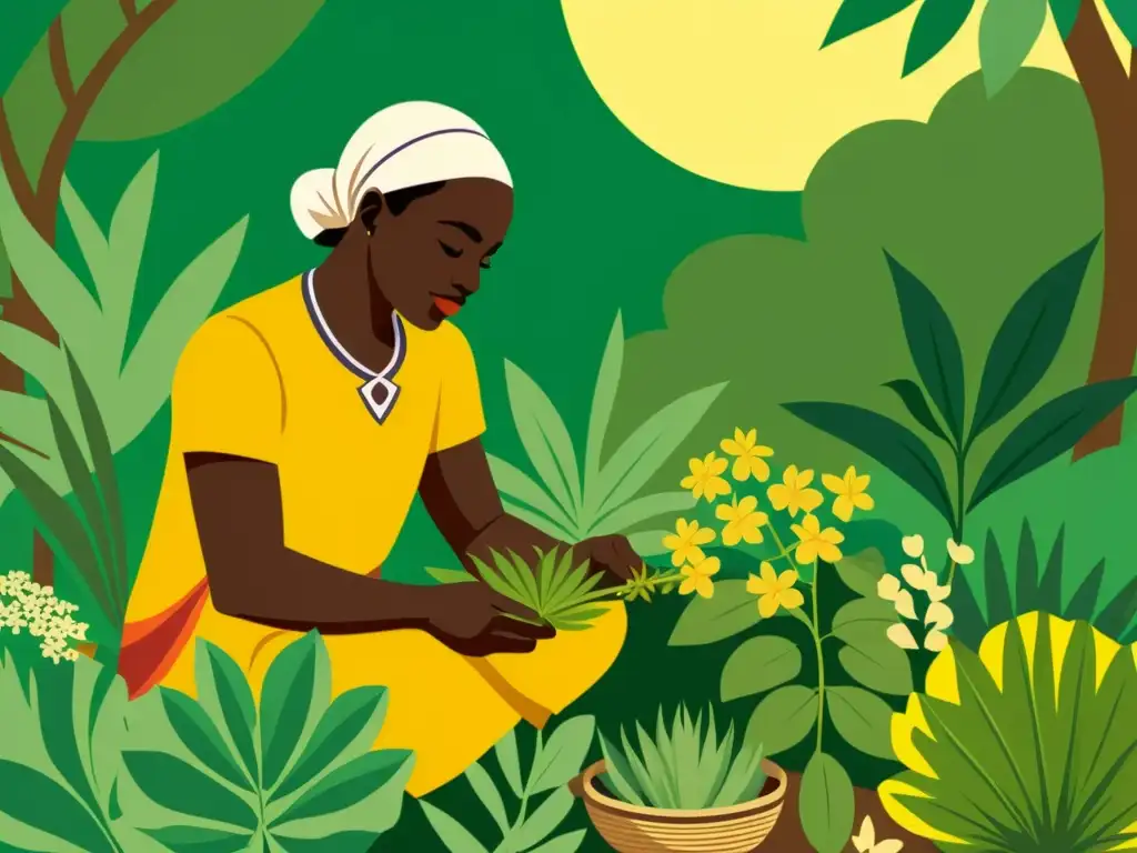 Herbolaria africana: recolección de plantas medicinales en la selva Un herbolario africano selecciona hierbas medicinales en la exuberante selva, mostrando la riqueza de la medicina tradicional africana