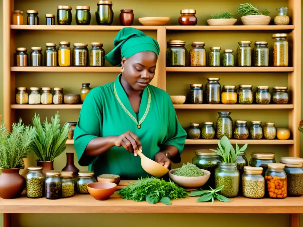 Un herbolario africano tradicional selecciona con cuidado hierbas y botánicos, rodeado de estantes llenos de antiguos frascos