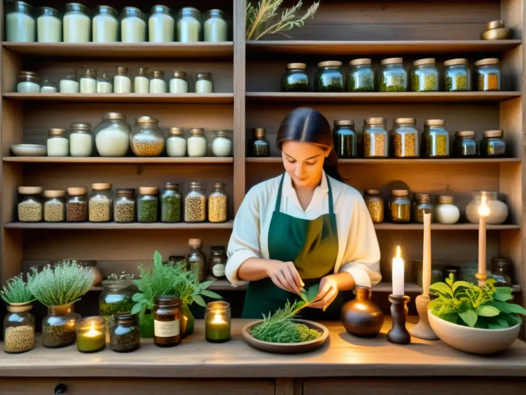 Un herbolario antiguo selecciona y prepara plantas medicinales en un taller acogedor, iluminado por velas