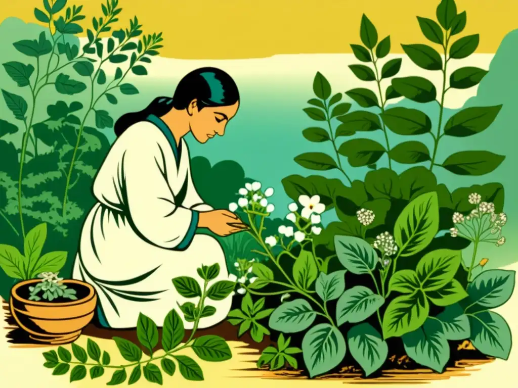 Un jardín herbolario antiguo es retratado en una ilustración vintage, con detalles de Bacopa Monnieri