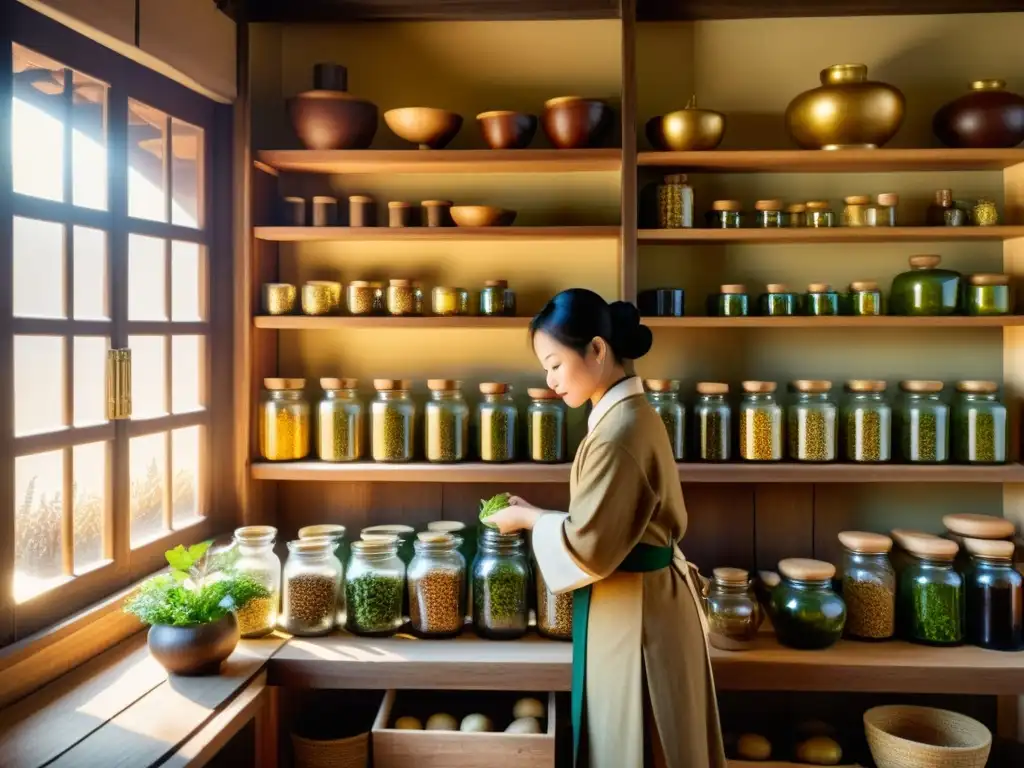 Un herbolario chino selecciona hierbas en una tienda rústica, con luz cálida y el encanto de la medicina tradicional china para la prevención de enfermedades