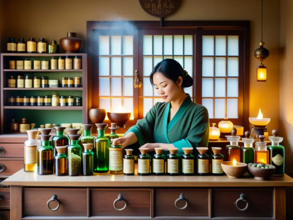 Un herbolario chino tradicional con aceites esenciales en frascos de vidrio, evocando la sabiduría ancestral y la medicina tradicional china