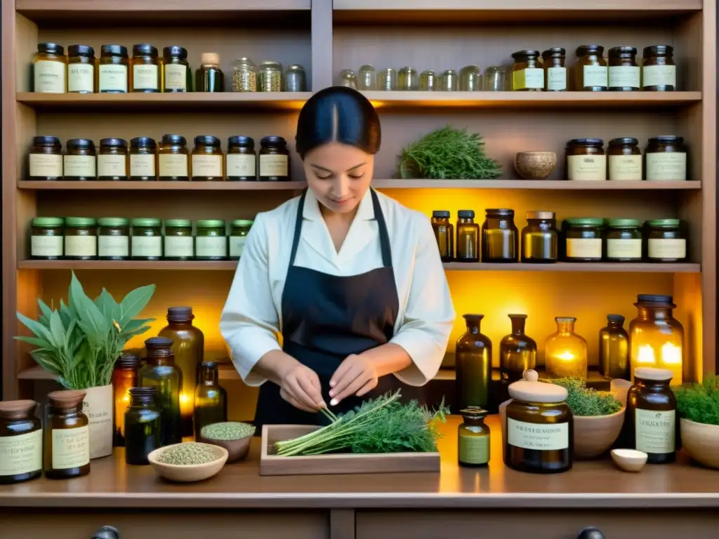 Un herbolario prepara con cuidado remedios naturales en una apotecaria iluminada por velas, evocando la nutrición en medicina tradicional