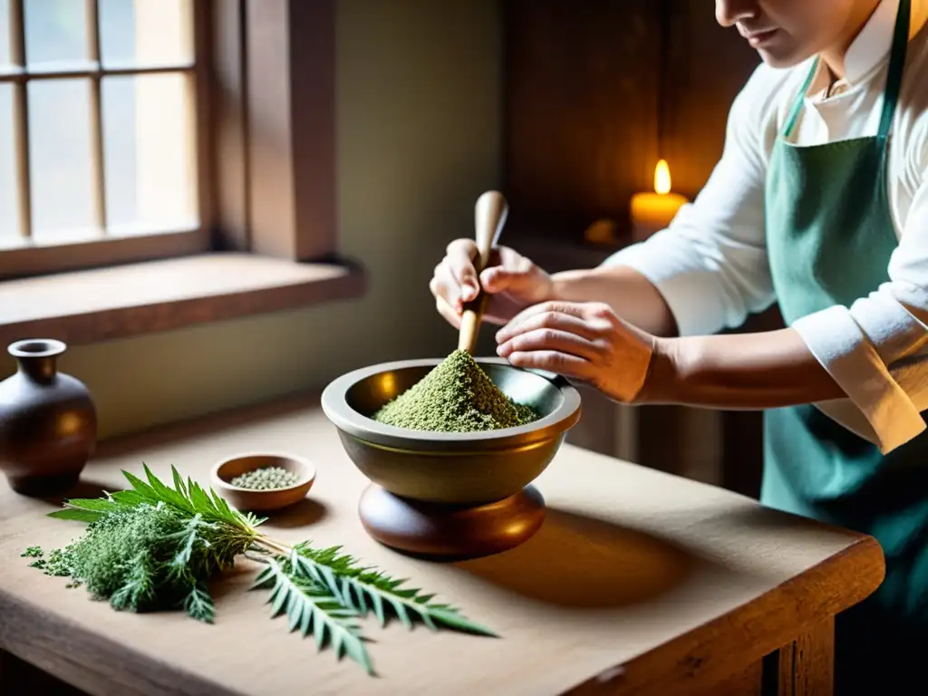 Un herbolario prepara con esmero una pócima tradicional en una apotecaria rústica, preservando la medicina tradicional