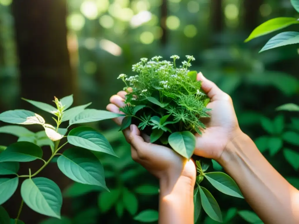 Un herbolario ético recolecta plantas medicinales con cuidado y respeto en un exuberante bosque, mostrando su profunda conexión con la naturaleza