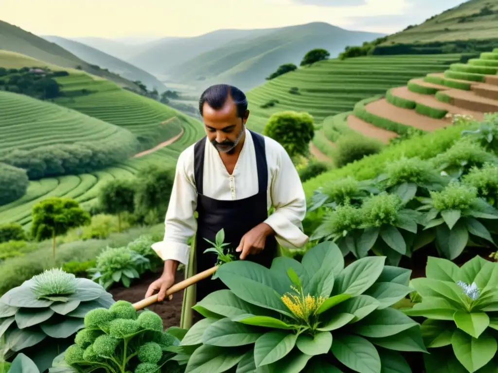 Un herbolario experto cultiva plantas medicinales con técnicas ancestrales en un exuberante jardín, mostrando reverencia por la naturaleza