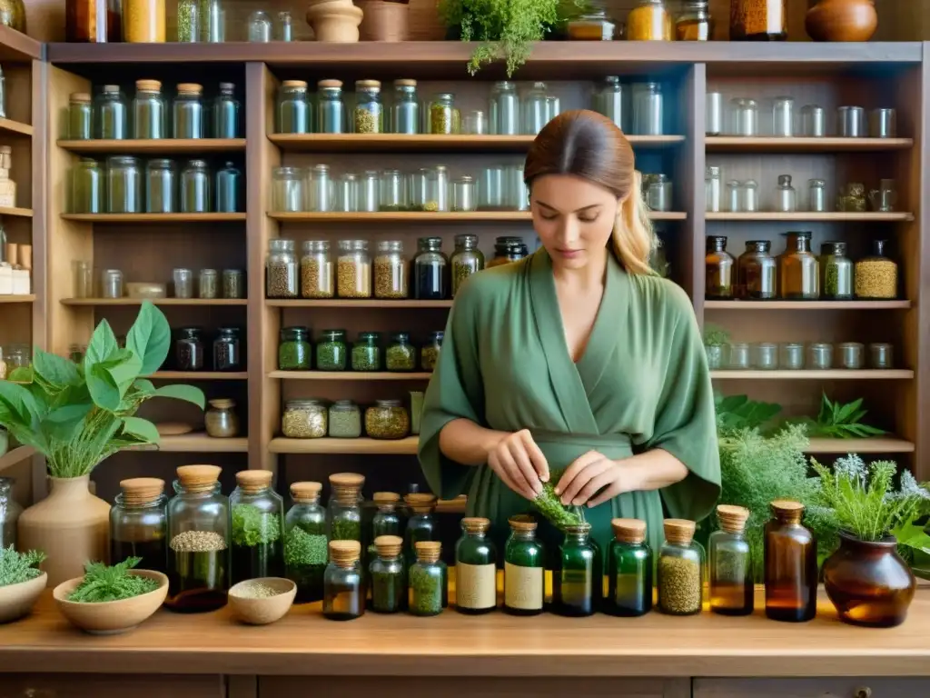 Un herbolario selecciona y prepara hierbas medicinales en un apotecario tenue, evocando sabiduría ancestral y tradiciones curativas