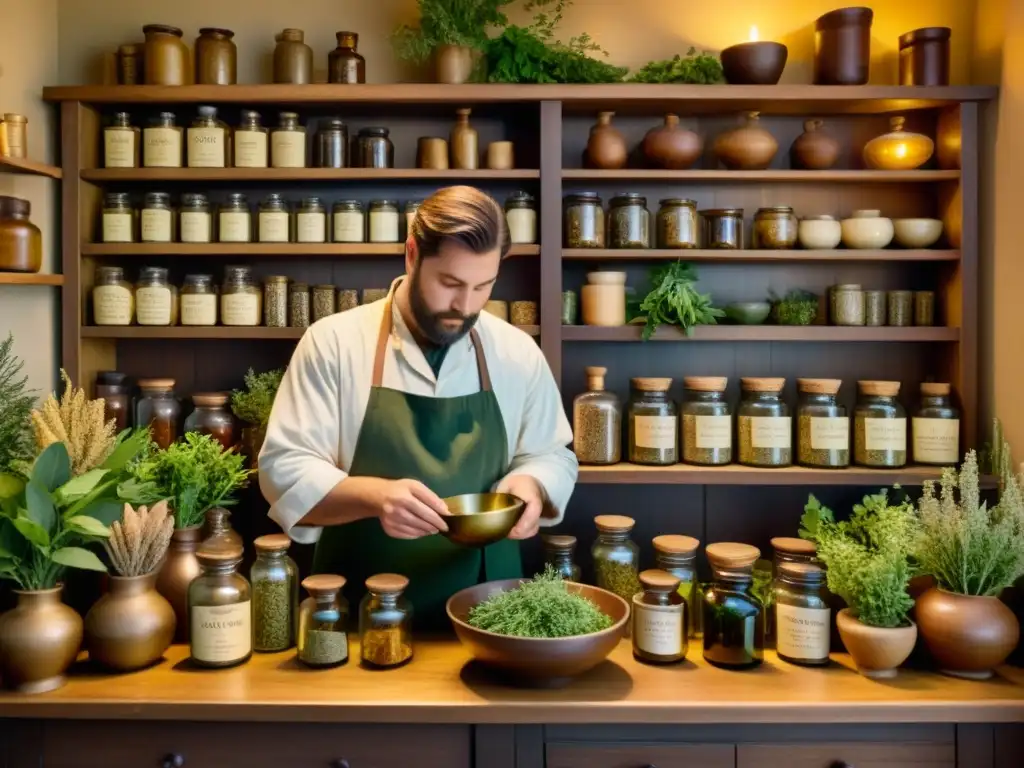 Un herbolario selecciona hierbas en su tienda, con frascos y mortero alrededor, evocando sabiduría y sanación natural