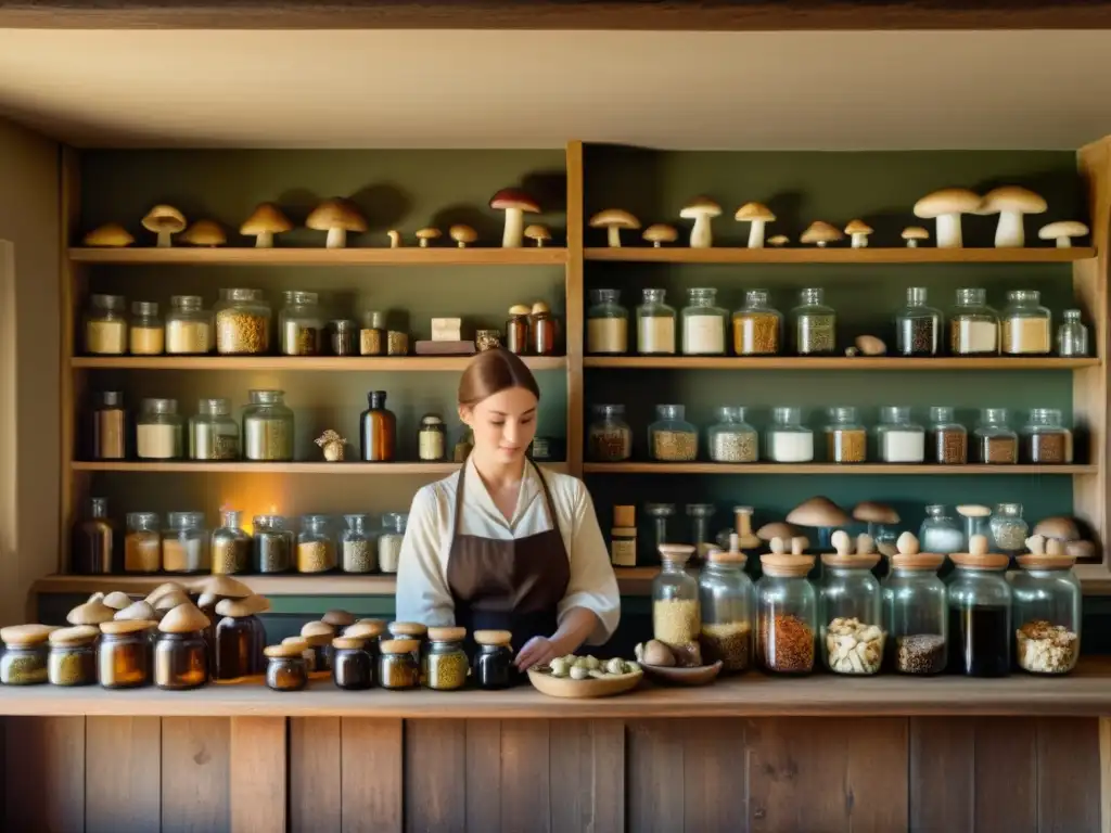 Un herbolario seleccionando hongos en un antiguo establecimiento, creando remedios tradicionales