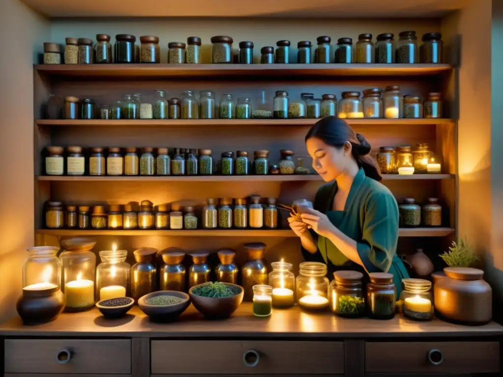 Un herbolario iluminado por velas con un curandero preparando remedios tradicionales