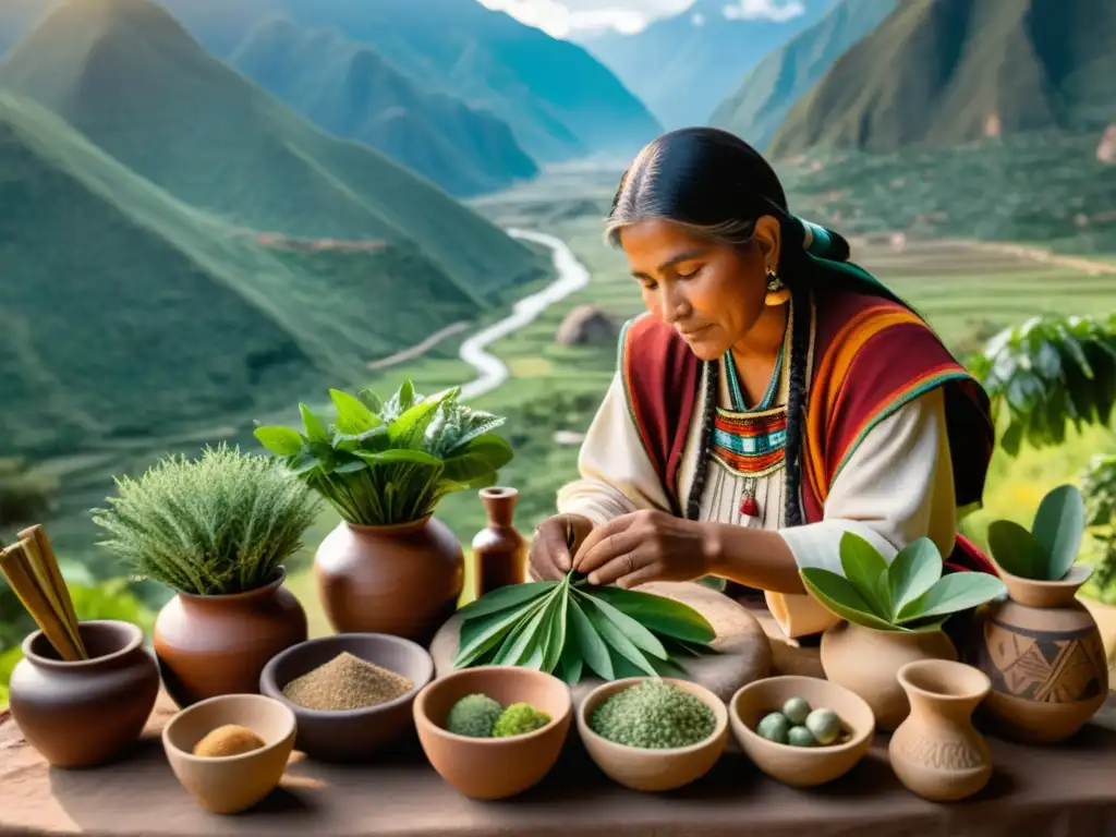 Un herbolario incaico selecciona hierbas medicinales medicina tradicional rodeado de antigüedades, con los Andes de fondo