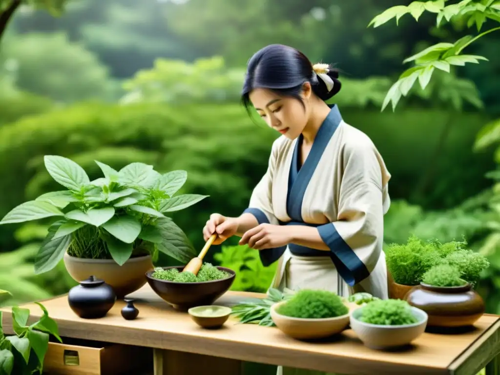 Un herbolario japonés selecciona y prepara hierbas medicinales en un jardín tranquilo, reflejando la práctica del Kampo y hierbas medicinales