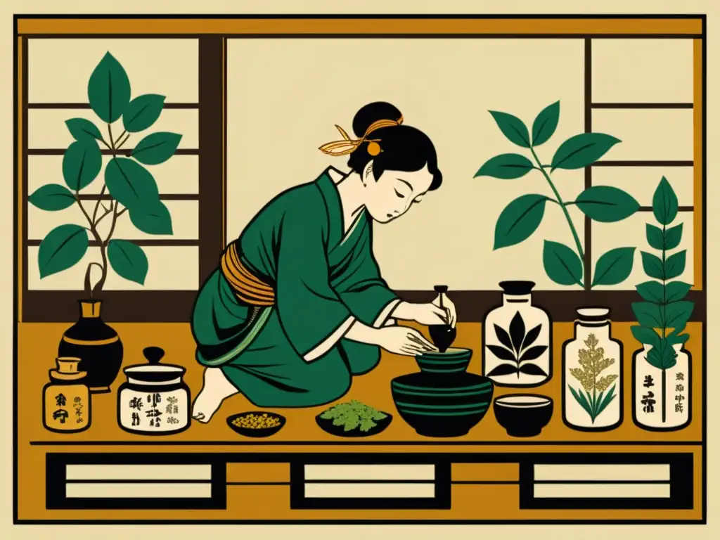 Un herbolario japonés prepara remedios naturales en una antigua botica, evocando la historia y la sabiduría de la medicina tradicional japonesa