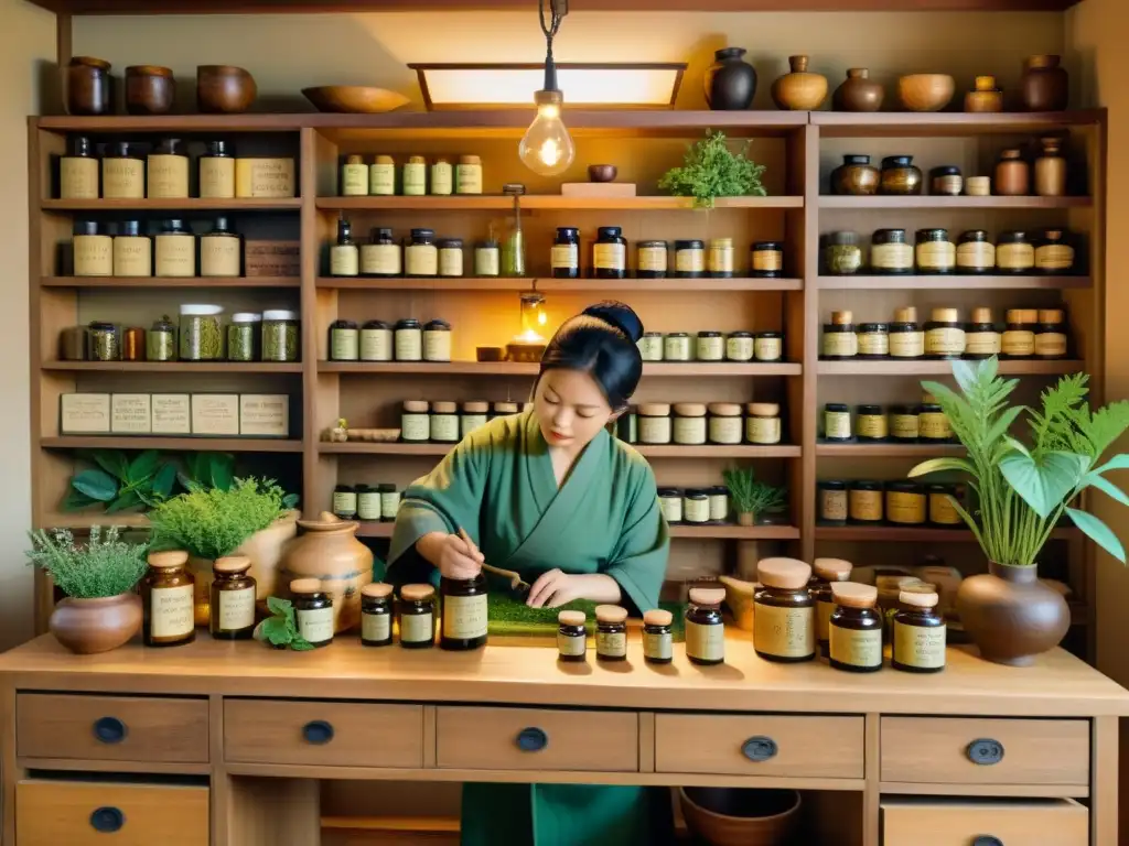 Un herbolario japonés tradicional y acogedor, donde se prepara medicina tradicional japonesa y ayurvédica con cuidado y sabiduría