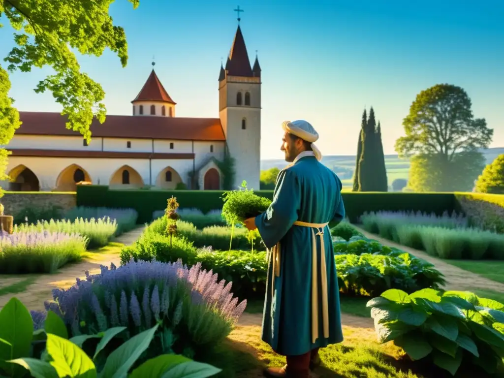 Un herbolario medieval selecciona plantas sanadoras en un apacible jardín de un monasterio