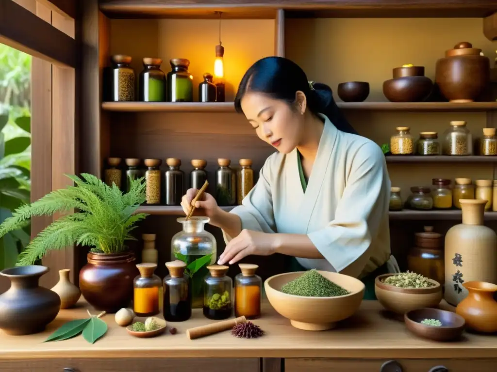 Un herbolario okinawense prepara medicina tradicional en un ambiente cálido y lleno de sabiduría ancestral