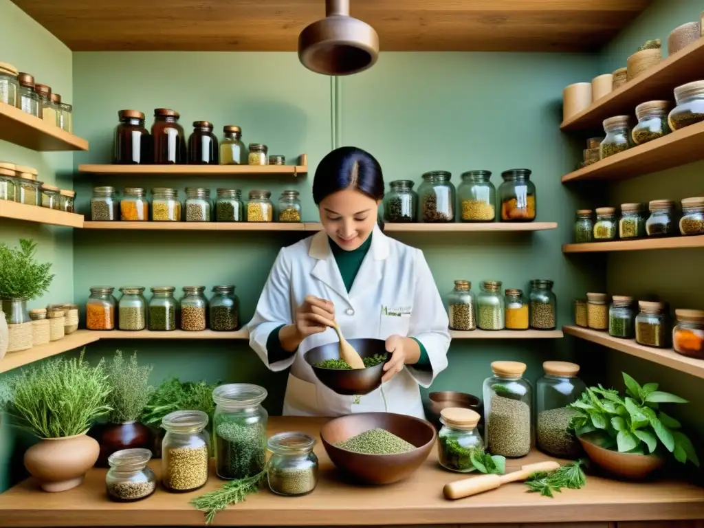 Un herbolario prepara plantas medicinales en un ambiente vintage cálido, evocando la integración de medicina tradicional en sistemas de salud