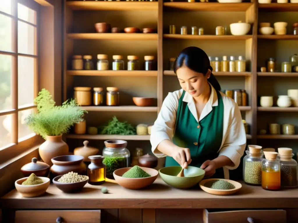 Un herbolario prepara remedios naturales en un ambiente tradicional y soleado, evocando sabiduría ancestral y la relevancia actual de la medicina tradicional contemporánea casos exitosos