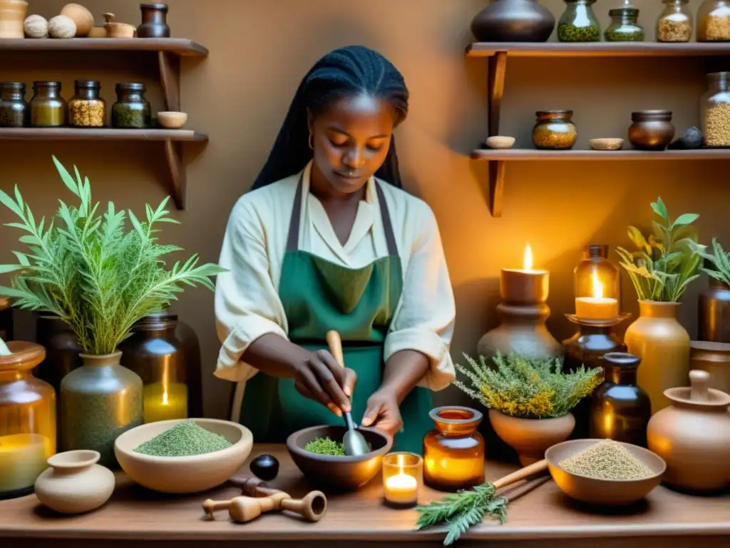 Un herbolario preparando remedios naturales en una apotecaria acogedora, iluminado por velas y exudando sabiduría ancestral