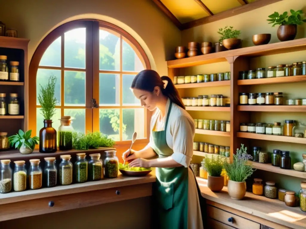 Un herbolario prepara remedios naturales en una tienda rústica, seleccionando hierbas mientras la luz crea un ambiente cálido y antiguo