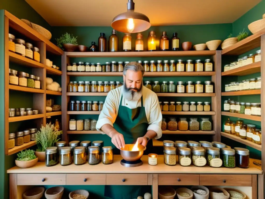 Un herbolario sabio mezcla hierbas en una tienda vintage, iluminada por velas, evocando la sabiduría de la medicina tradicional