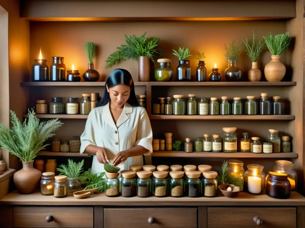 Un herbolario tradicional selecciona hierbas en un ambiente cálido y auténtico