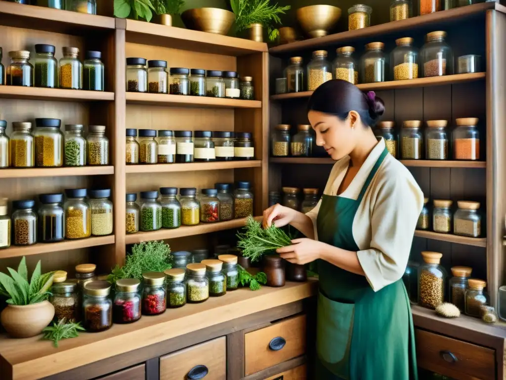 Un herbolario tradicional selecciona y prepara hierbas en un ambiente rústico y tenue