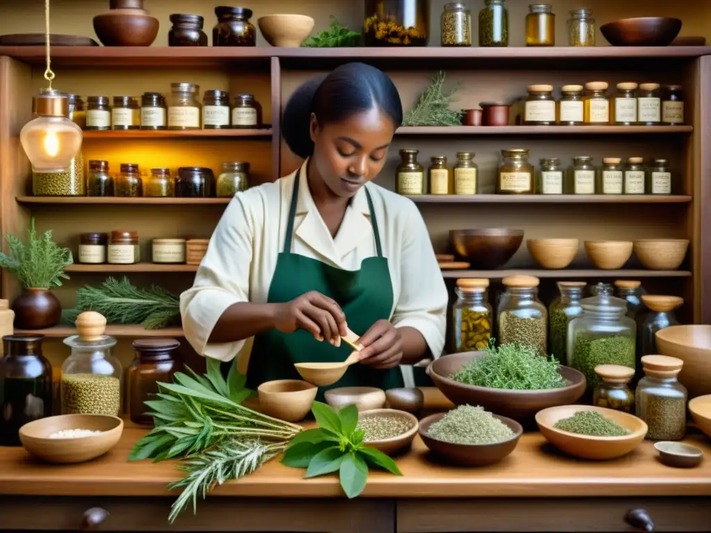 Un herbolario tradicional selecciona y prepara hierbas en un ambiente nostálgico y reverente, evocando la sabiduría de la medicina tradicional