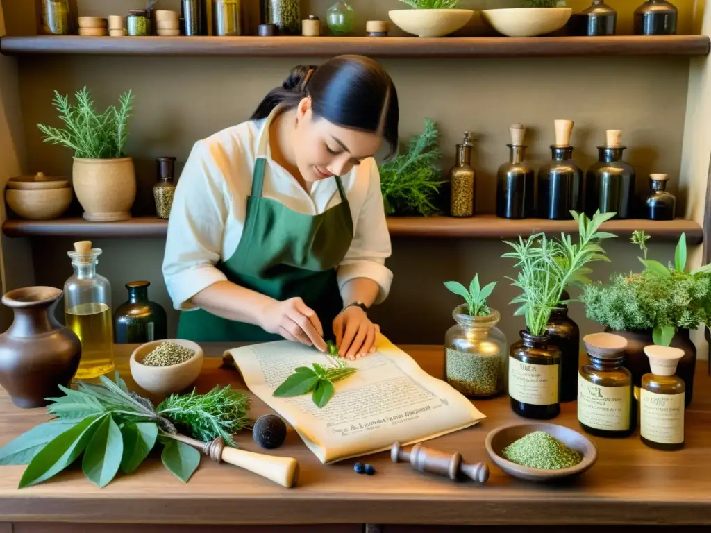 Un herbolario tradicional selecciona y prepara hierbas en un estudio acogedor y tenue