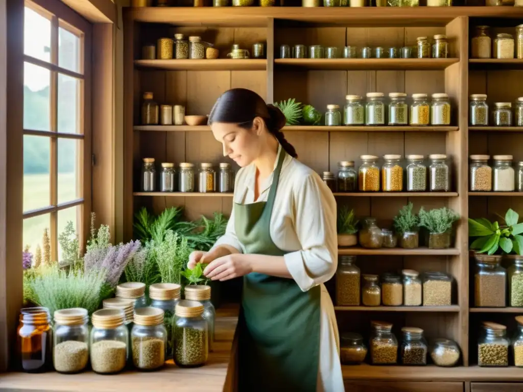 Un herbolario tradicional seleccionando y preparando hierbas medicinales en un ambiente sereno y atemporal, destacando el uso de hierbas medicinales tradicionales