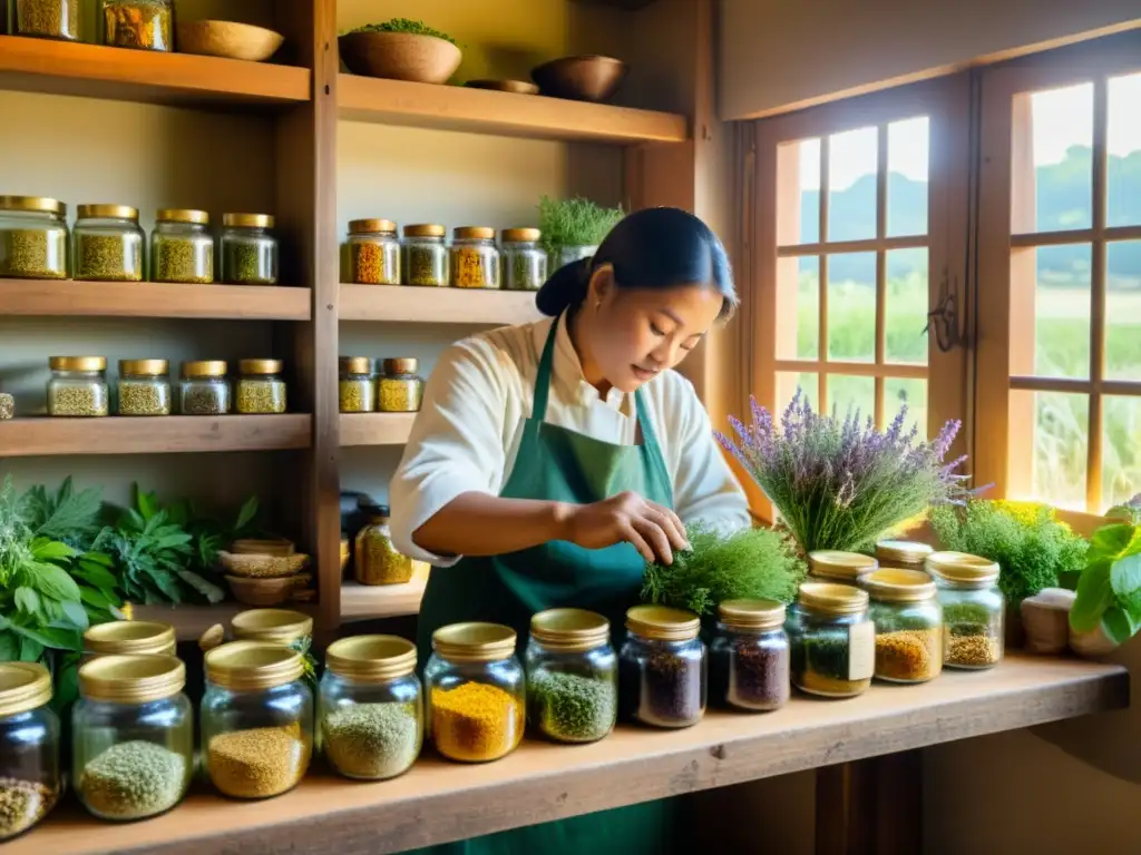 Un herbolario tradicional selecciona y prepara hierbas, rodeado de frascos de remedios naturales