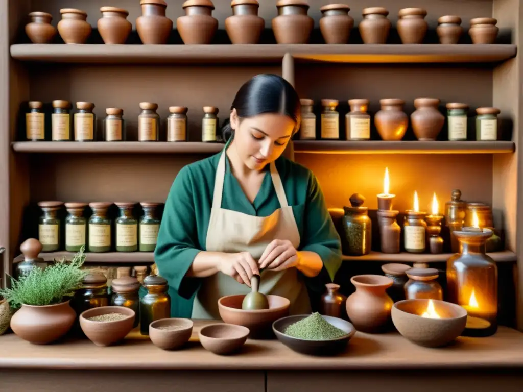 Un herbolario tradicional iluminado por velas, repleto de hierbas medicinales y tarros de arcilla