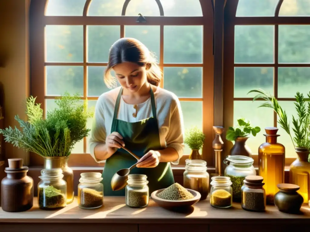 Un herbolario tradicional prepara remedios naturales en un acogedor y rústico espacio lleno de frascos de vidrio, mortero, pestle y hierbas secas