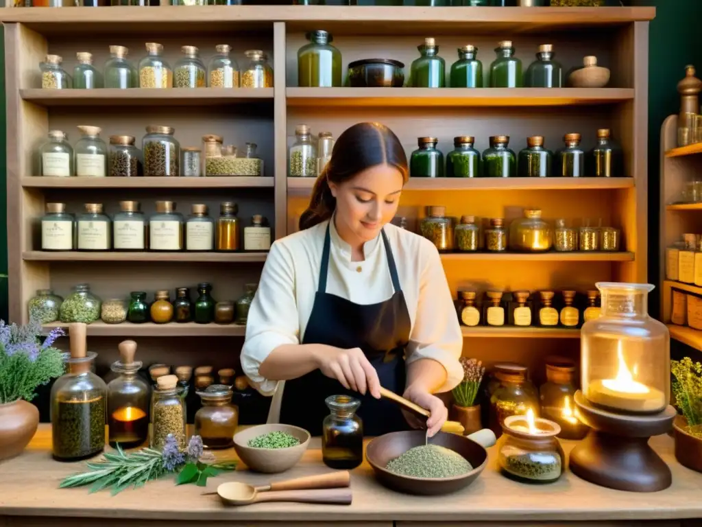 Un herbolario prepara ungüentos medicinales vegetales en un taller vintage iluminado por velas