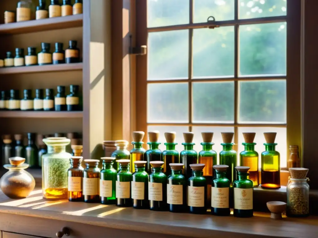 Un herbolario vintage con botellas de vidrio llenas de líquidos coloridos, morteros antiguos y etiquetas escritas a mano detallando los usos medicinales de aceites esenciales