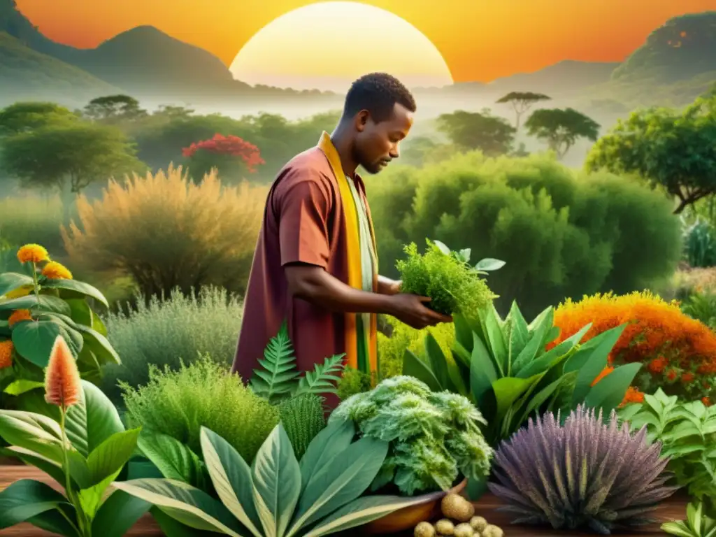 Un herborista africano selecciona hierbas tradicionales en un jardín exuberante y vibrante, bajo el cálido sol africano