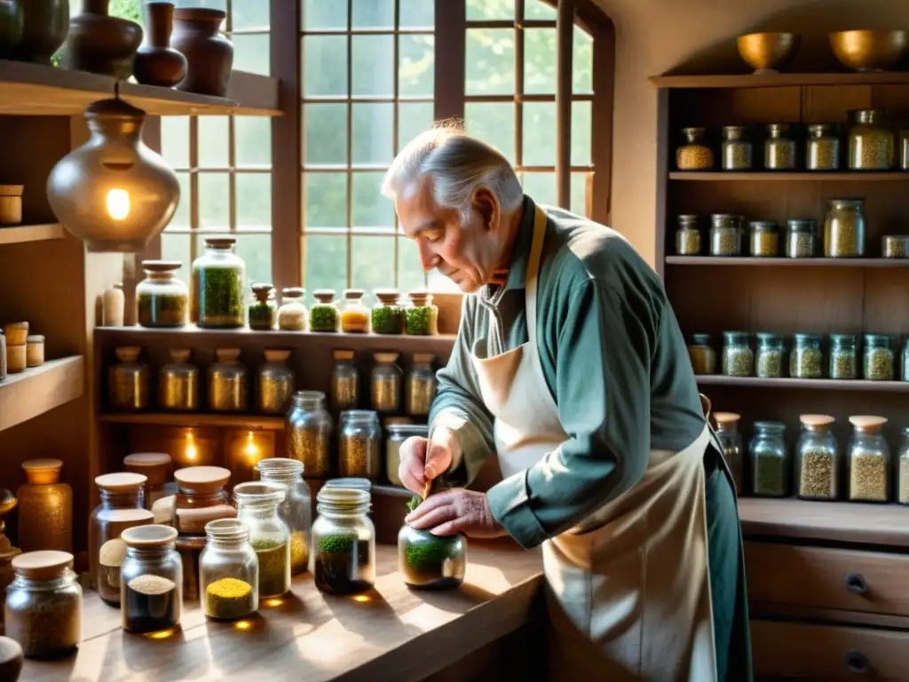 Un herborista anciano prepara hierbas en una apoteca vintage iluminada por la luz solar, integrando medicina tradicional en el sistema de salud